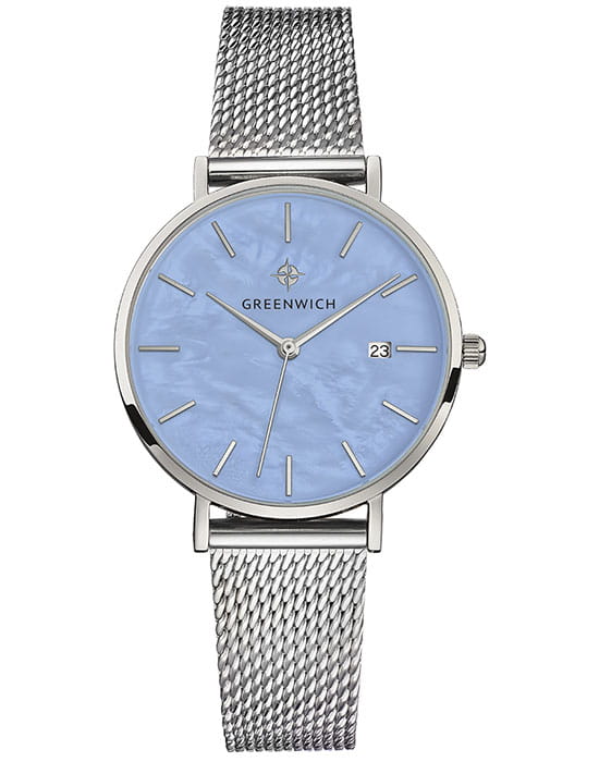 Greenwich Greenwich Shell GW 301.10.59  GW 301.10.59 кварцевые женские часы голубой циферблат, браслет нержавеющая сталь — вид спереди